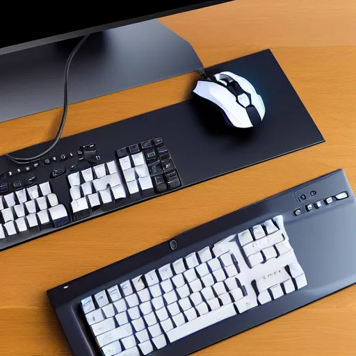 Prompt: top down photo of a desk with a gaming keyboard and gaming mouse on, photorealistic