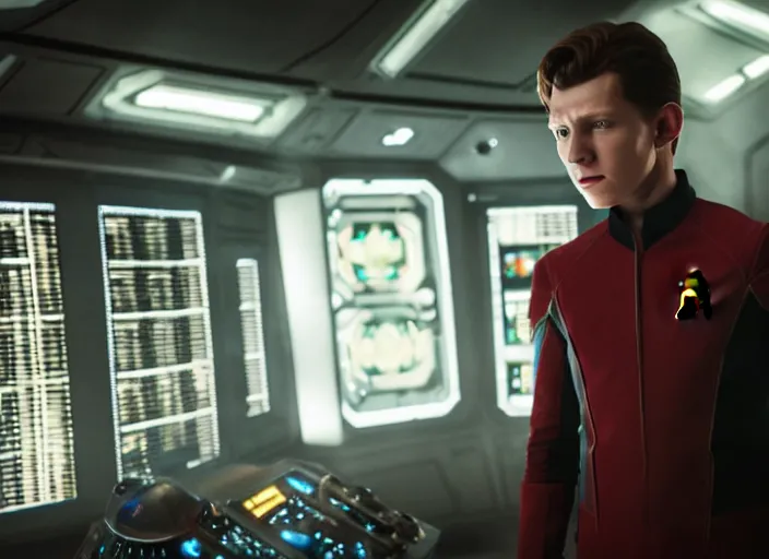 Prompt: Tom Holland plays as captain in Star Trek Discovery, engine room and warp core in the background, 35mm photography, highly detailed, cinematic lighting, 4k