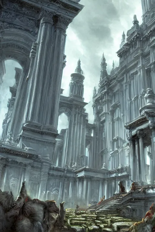 Image similar to gigantic palace, adorned pillars, towers, landscape, alex ross, neal Adams, david finch, concept art, matte painting, highly detailed, rule of thirds, dynamic lighting, cinematic, detailed, denoised, centerd