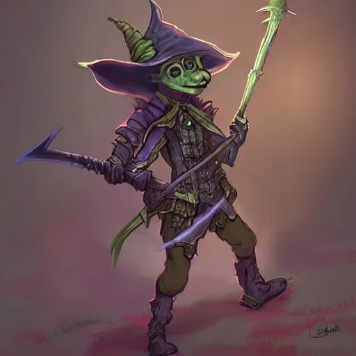 Prompt: cute tiny goblin girl wearing hunter armor from Bloodborne and a wizard hat, geeen skin, d&d, art by Shadbase