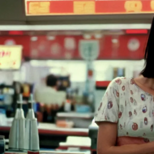 Prompt: mia wallace from pulp fiction, sitting at a checkout counter, cinestill colour, anamorphic