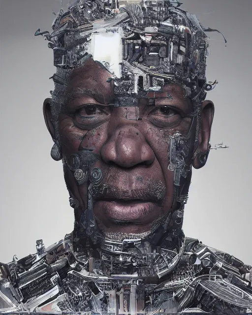 Image similar to portrait of Morgan Freeman as a cyborg. intricate abstract. intricate artwork. by Tooth Wu, wlop, beeple, dan mumford. octane render, trending on artstation, greg rutkowski very coherent symmetrical artwork. cinematic, hyper realism, high detail, octane render, 8k, iridescent accents