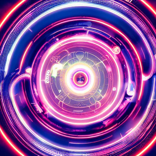 Image similar to horizontal centered neon cyberpunk distortion field electron eyeball with concentric data rings around it, glowing, fantasy, networking, camera shutter iris, singularity, clouds, circuitry, explosion, dramatic, intricate, elegant, highly detailed, digital painting, network, artstation, concept art, smooth, sharp focus, illustration, octane render