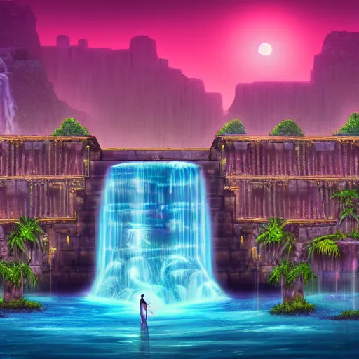 Image similar to old babylonian structure with waterfalls, retrowave epic art, trending on art station