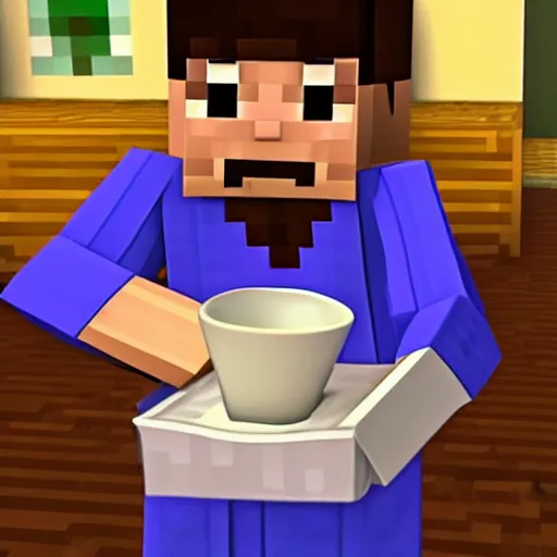 Image similar to minecraft steve holding a small china cup with steam coming out of tea, romanticism style, detailed facial proportions