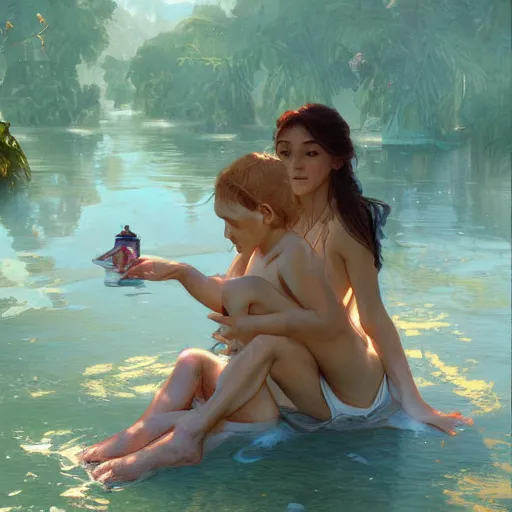 Image similar to summer camp, children playing in water, gorgeous, amazing, highly detailed, digital painting, artstation, concept art, sharp focus, illustration, art by artgerm and greg rutkowski and alphonse mucha