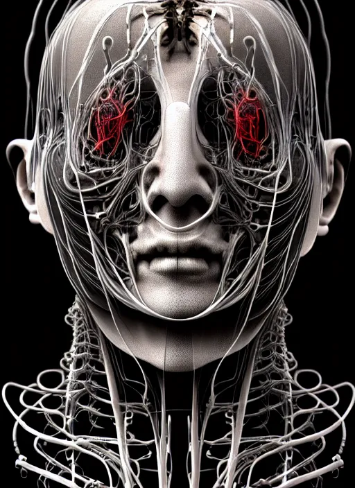 Image similar to portrait of neural nightmares by yoshitaka amano and HR Giger, detailed face face face face, facial structure, hd, 8k, very very very very electronic, biomechanical, biology, bio, neural machine, single subject, terror