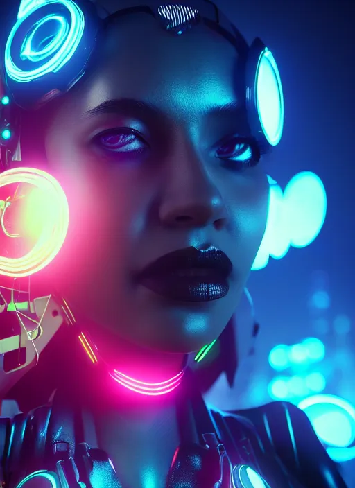 Prompt: Centered close up bokeh shot of cyborg women, cyberpunk background, High action glowing neon lights, digital art, artstation, cinematic, volumetric lighting, Award winning, ultra high resolution, intricate details, rendered with unreal engine, octane render, UHD 8K