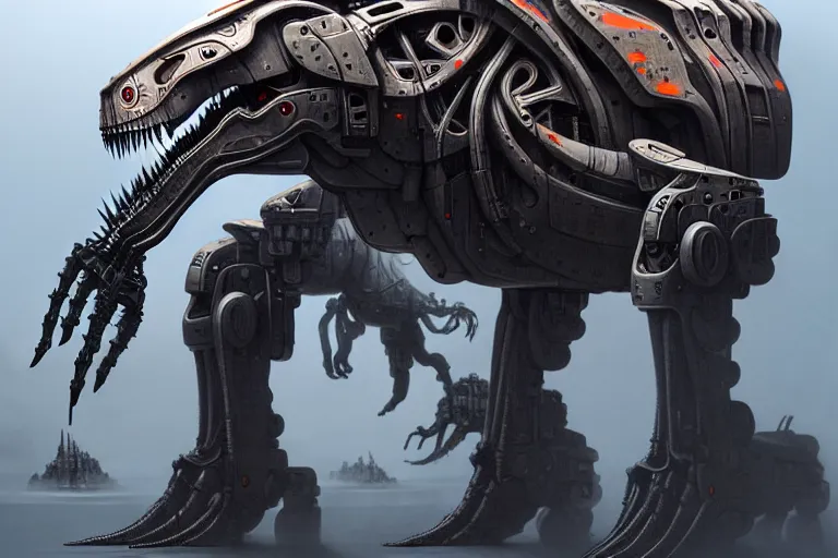 Image similar to trex in a cyborg mech suit, by alexandre ferra, zezhou chen, peter gric, mohamed reda and hr giger, hyper detailed, screen print, character concept art, hyperrealism, coherent, cgsociety, zbrush central, behance hd, hypermaximalist