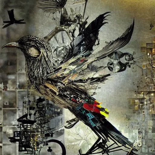 Image similar to a mechanical bird wanders between the cybernetic realms of urban science and social science, collage artwork by dave mckean and ivan shishkin and yoshitaka amano