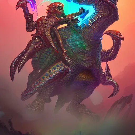 Image similar to futuristic alien race fighting dinosaurs, d & d style, trending on artstation, colorful, intricate, art by kev chan