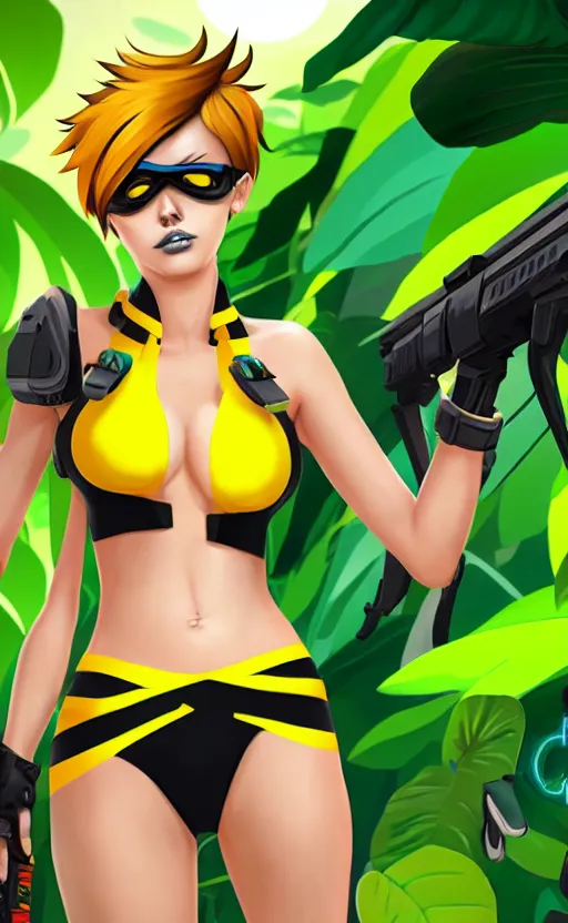 Image similar to tracer game character, in yellow bikini, blonde hair, black eyes, hands free, against the background of the jungle full height