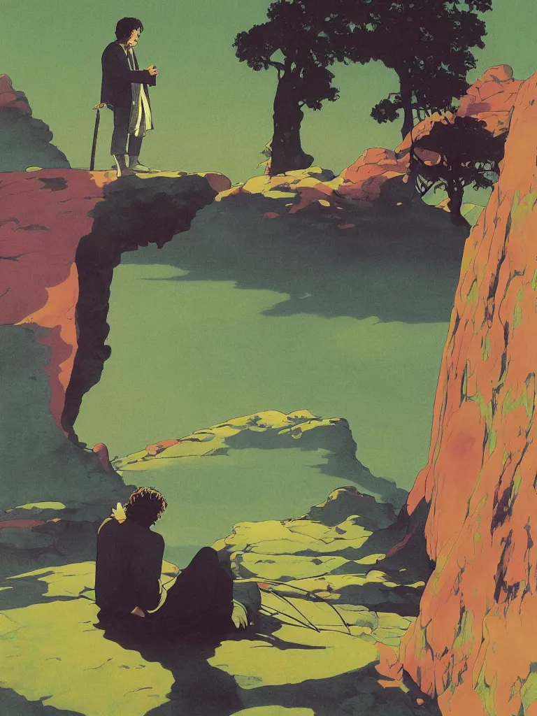 Image similar to an image of paul mccartney as frodo from the lord of the rings, taking mind altering drugs, a blotter paper of lsd acid and dreaming psychedelic hallucinations in the vast shire landscape, by kawase hasui, moebius, edward hopper, colorful flat surreal design, dramatic lighting, hd, 8 k, artstation