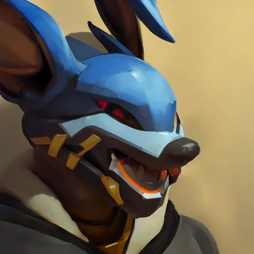 Image similar to greg manchess portrait painting of partially armored lucario as overwatch character, medium shot, asymmetrical, profile picture, organic painting, sunny day, matte painting, bold shapes, hard edges, street art, trending on artstation, by huang guangjian, gil elvgren, ruan jia, greg rutkowski, gaston bussiere