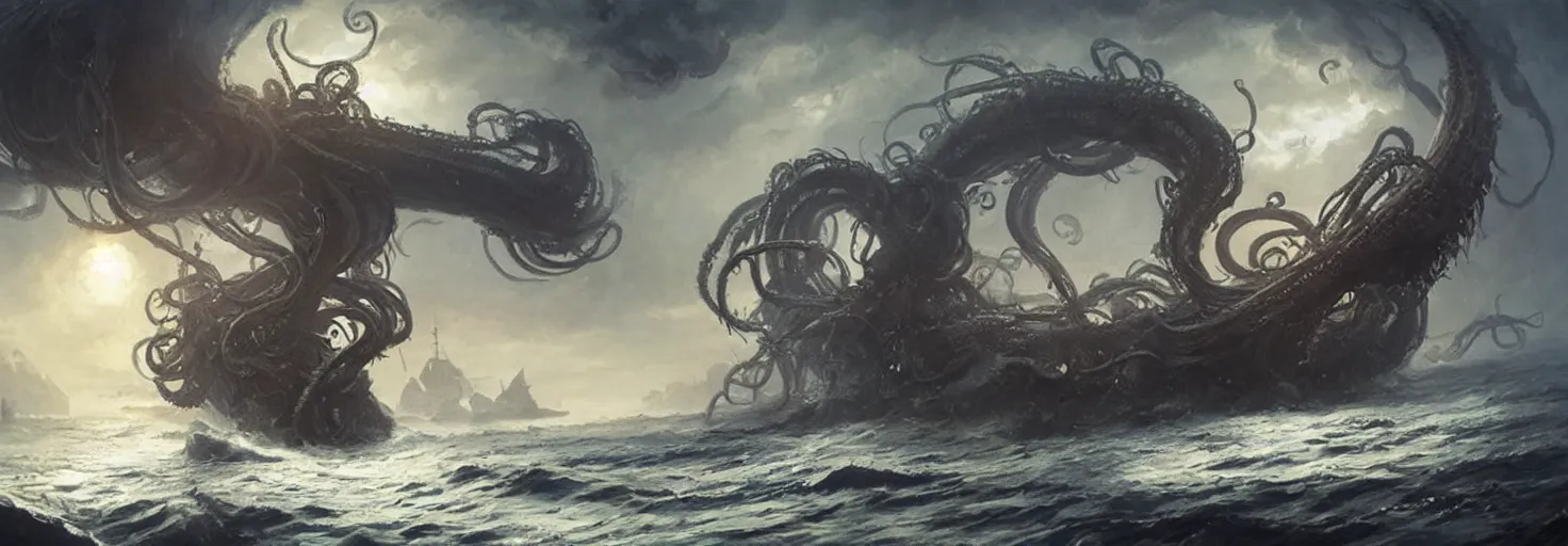 Image similar to kraken destroy Sailing ship, tentacles rising from the sea, magic the gathering art, art by greg rutkowski, fantasy rpg