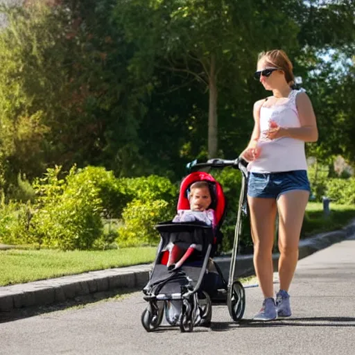 Image similar to a wife going for a walk with her baby on a nice day.