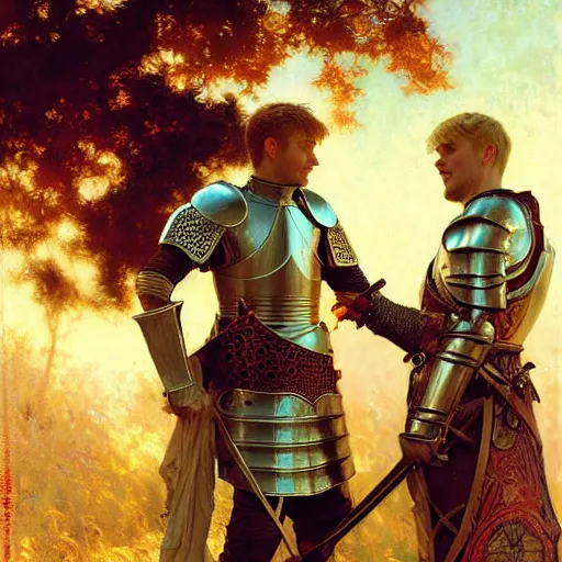 Image similar to attractive arthur pendragon and his attractive male knight, they are in love, natural lighting, path traced, highly detailed, high quality, digital painting, by gaston bussiere, craig mullins, alphonse mucha j. c. leyendecker