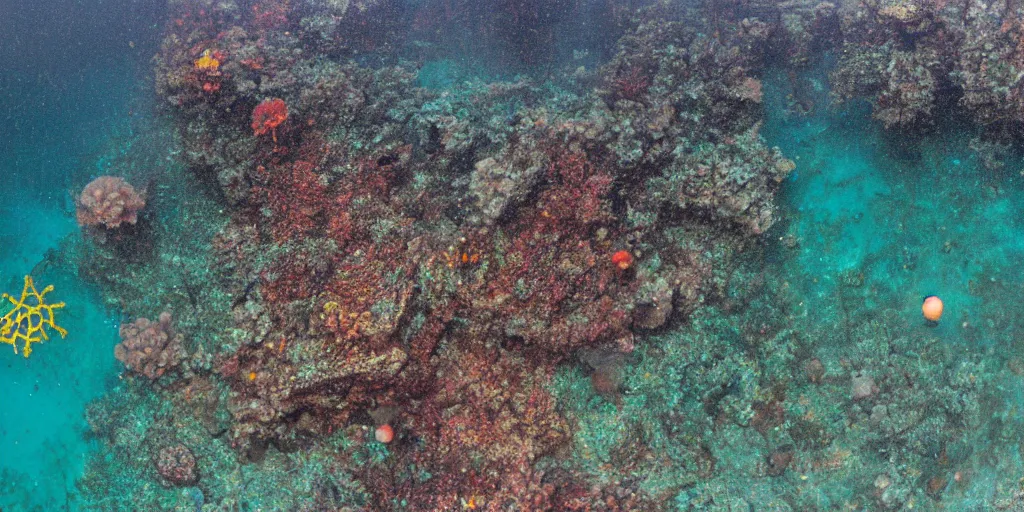 Prompt: pirate ship at the bottom of the ocean there are corals in the foreground, several small orbs surround the ship