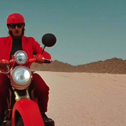 Image similar to a man in a red bomber jacket riding a moped through the desert, film still by Wes Anderson