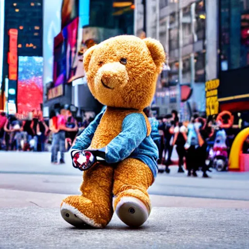 Prompt: skateboard teddy bear skateboarding in time square, bokeh, hyper realistic, street photography