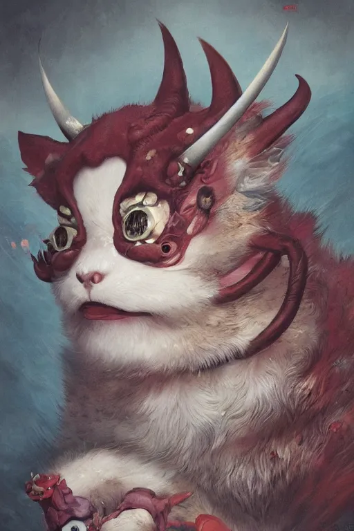 Image similar to a portrait of a cute japanese devil animal illustrated by miyazaki by karol bak, james jean, tom bagshaw, rococo, sharp focus, trending on artstation, cinematic lighting, hyper realism, octane render, 8 k, hyper detailed, vivid, ultra detailed, highly detailed