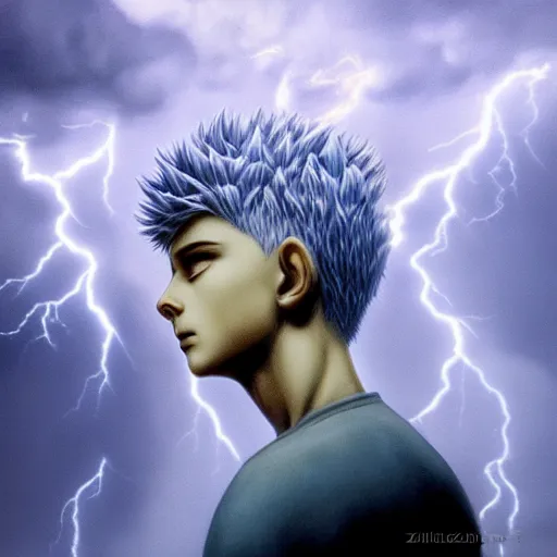 Prompt: killua zoldyck made by zdzisław beksinski, thunderstorm, lighting, blue, pose, 8 k, detailed, high quality, detailed face, 8 k, white skin