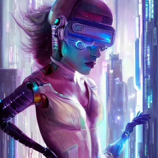 Prompt: beautiful illustration of a cyberpunk android ballerina, painting by Raymond Swanland, sci-fi cybernetics, art deco, synthwave hq