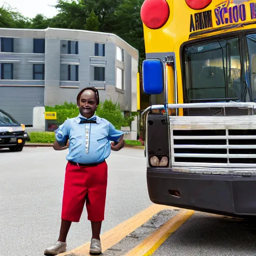 Prompt: african american male school bus driver with dreads, and chubby legs, nametag