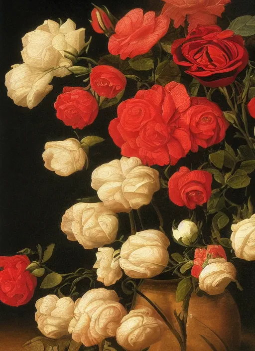 Prompt: detailed dutch still life painting of flowers and roses, sharp focus, dark background