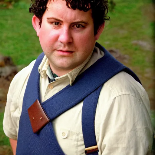 Prompt: close up headshot of a frowning clean shaven pudgy British lad with short curly dark brown hair as a hobbit wearing a white men's crossbody sling chest bag and blue vest, blue vest!! white crossbody chestbag!! high resolution film still, by Alexandra Nataf
