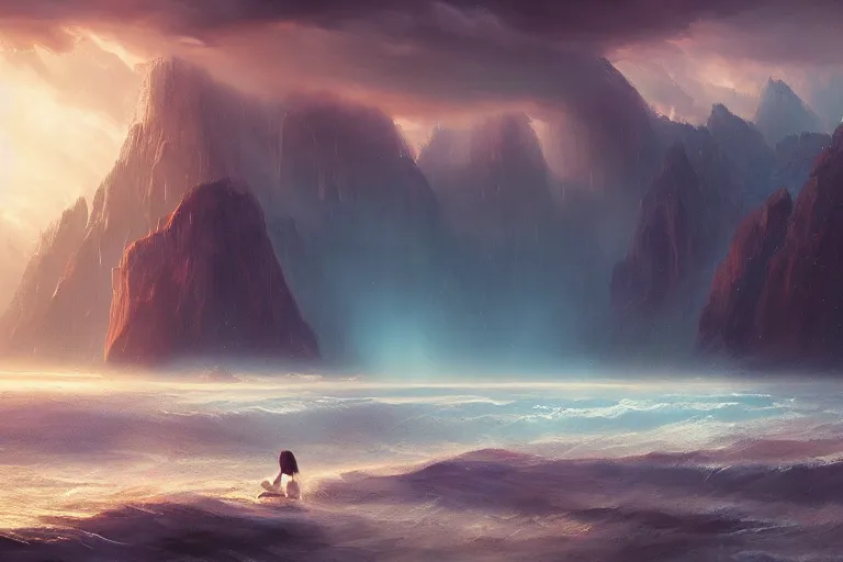 Image similar to cinematic painting by jessica rossier, in the beginning god created the heavens and the earth, now the earth was formless and empty, darkness was over the surface of the deep, and the spirit of god was hovering over the waters.