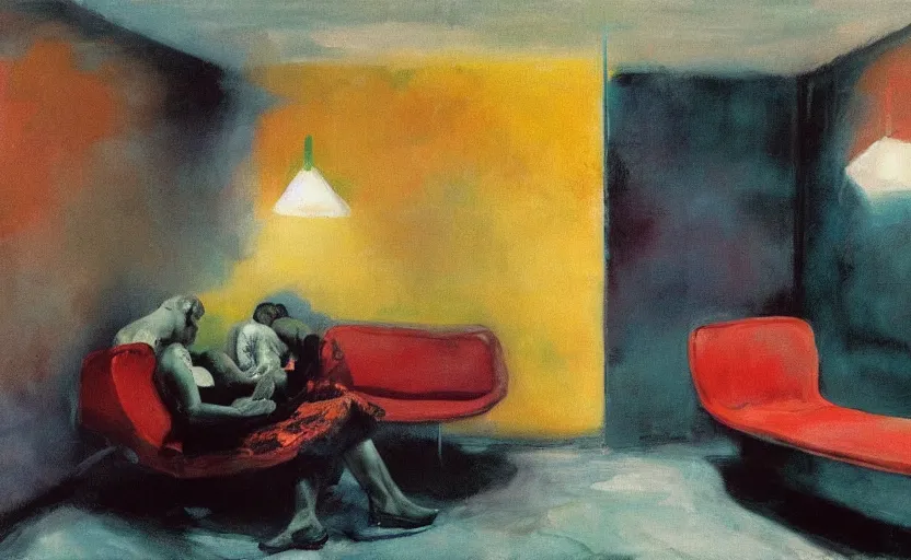 Image similar to abandoned lovers merging into each other in a the void metro, couches melting, Adrian Ghenie, 8k, Peter Doig, style of Edward Hopper, Todd Hido, Lucian Freud, painted by Ilya Repin, colors of Mark Rothko