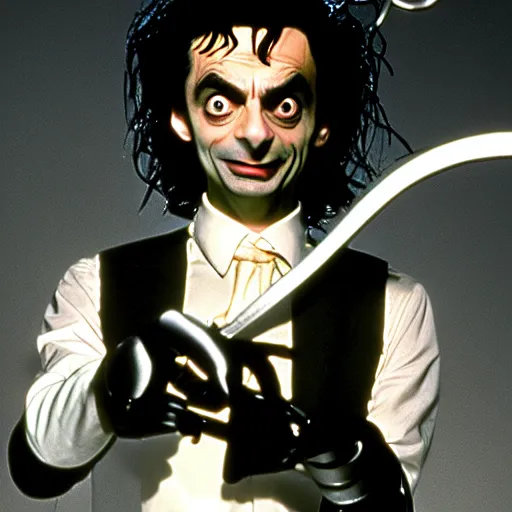 Image similar to mr. bean as edward scissorhands. movie still. cinematic lighting.