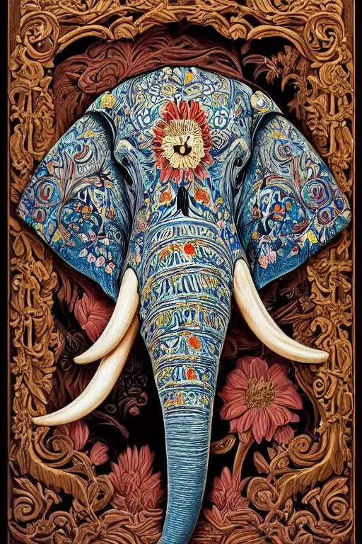 Image similar to Painted dark-wood panel relief carving of a Flowerpunk Matriarch Elephant, ornate border frame, explosion of colorful flowers, dark wood, intricately carved, black ink, festival of rich colors, intricate details, cinematic lighting, volumetric lighting, post-processing, art nouveau, by andreas rocha and john howe, and Martin Johnson Heade, featured on artstation, featured on behance, golden ratio, hyper detailed, photorealistic, epic composition, center spotlight, f32, well composed, UE5, 8k