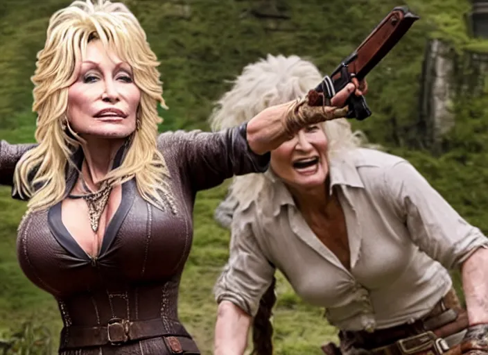 Image similar to film still of!!!! dolly parton!!! as lara croft in new tomb raider movie, 8 k