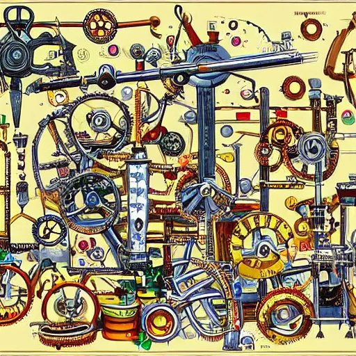 Prompt: a chaotic scene of a crazy machine with lots of details and contraptions. there is a small pair of scissors hidden in the details. the illustration is very detailed and intricate, with a lot of small elements that come together to create a cohesive whole. it uses a limited palette of colors, which helps to create a cohesive and unified look.