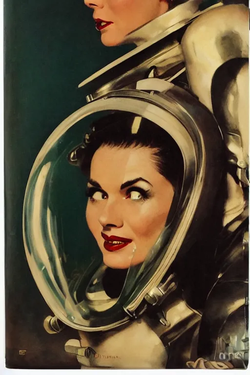 Image similar to 5 0 s pulp scifi fantasy head and shoulders portrait striking elegant mature woman in leather spacesuit by norman rockwell, roberto ferri, daniel gerhartz, edd cartier, jack kirby, howard v brown, ruan jia, tom lovell, frank r paul, jacob collins, dean cornwell, astounding stories, amazing, fantasy, other worlds