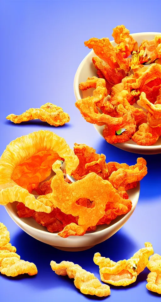 Image similar to Professional arrangement of pork rinds in a bowl on a table, surrounded by snack bags, hyper realistic, ultra detailed, cinematic, dynamic lighting, photorealistic, refined, intricate, digital art, digital painting, masterpiece, 8k