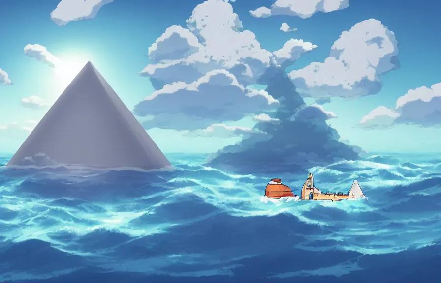 Image similar to a realistic studio ghibli cell shaded cartoon showing a submarine swimming in front of a white pyramid underwater at the bottom of the sea. shafts of sunlight come from above. wide shot, very dull muted colors, hd, 4 k, hq