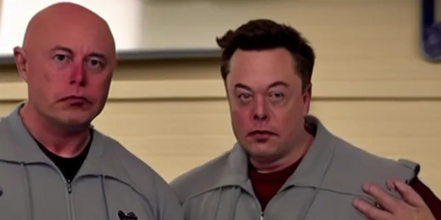 Image similar to full distant shot of bald elon musk in a tracksuit in trailer park boys