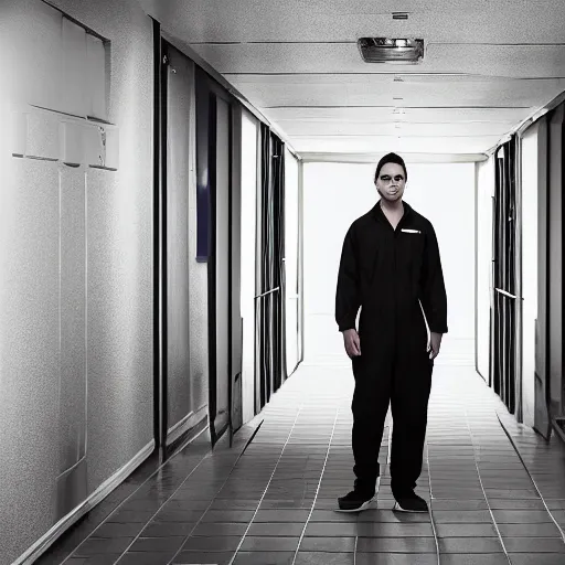 Prompt: man with deformed face in jumpsuit, standing in a dimly lit hallway with a wrench