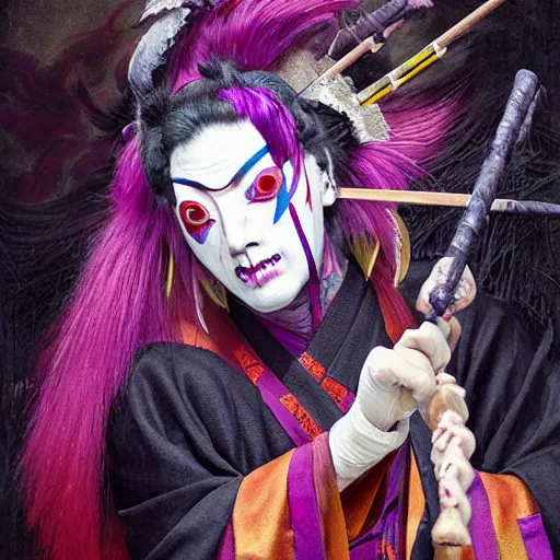 Image similar to portrait of an insane kabuki man wielding a spear covered in a distorting aura, intricate purple hakama, poofy red wig, eerie, highly detailed, dark fantasy, shallow depth of field, art by artgerm and greg rutkowski
