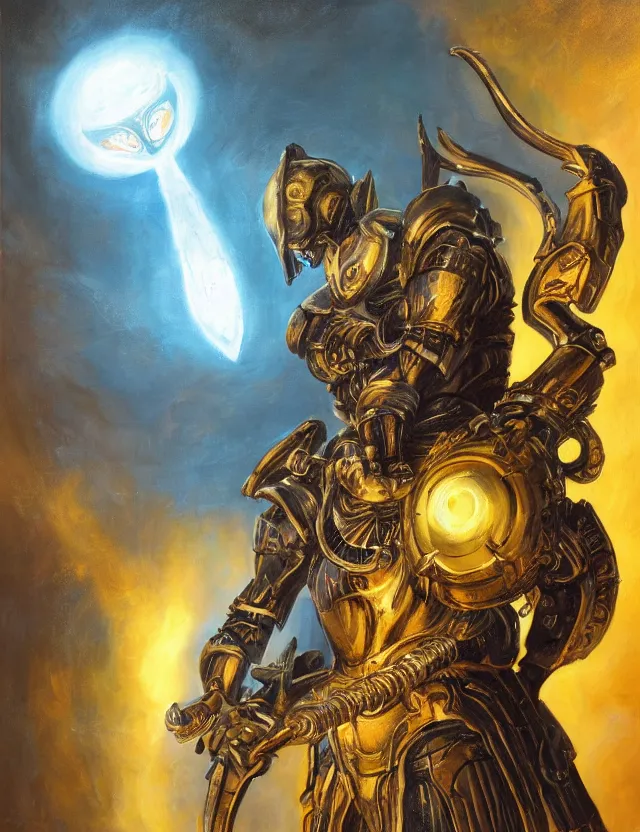 Prompt: full body, attack position Delphin Enjolras and HR Giger painting in lush fantasy environment of a ornate holy mechanical warforged with circular glowing eye, character in yellow armor holding a legendary paladin engraved holy great longsword and carrying a huge heavy paladin shield, vertically flat head, face in focus, epic , trending on ArtStation, masterpiece, cinematic lighting