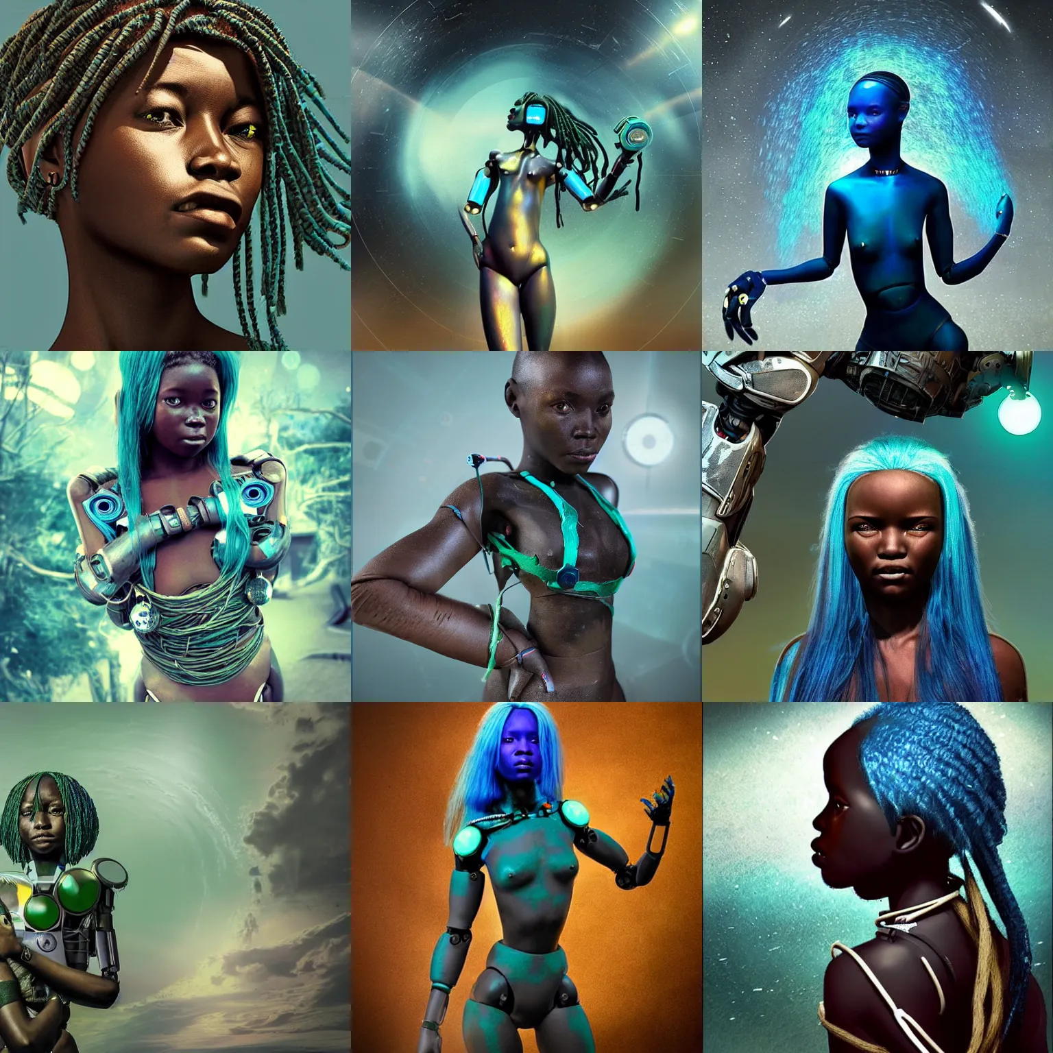 Prompt: hyperrealistic scifi concept art photograph, beautiful futuristic himba girl, robotic arms, blue hair, weightless, dark green space station