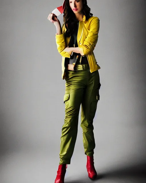 Image similar to photos of gal gadot wearing a yellow leather jacket, green cargo pants, a red silk blouse, and baseball cap on her head, photoshoot in the style of annie leibovitz, photorealistic, soft focus, bokeh