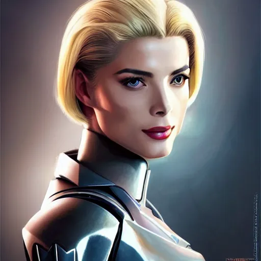 Image similar to A combination of Grace Kelly's and Ada Wong's and Ashley Greene's appearances with blonde hair wearing Interceptor's armor from Anthem, high tech, action shot, angular, full body portrait, futuristic, dramatic, fantasy, intricate, elegant, highly detailed, artstation, matte, sharp focus, 8K, art by Artgerm and Greg Rutkowski and Alphonse Mucha