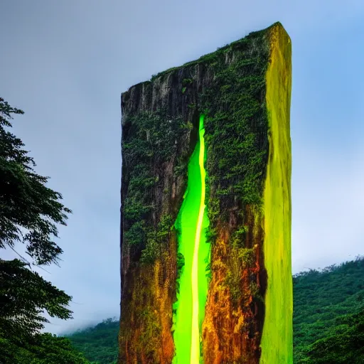 Image similar to a neon monolith in a mythical rainforest,