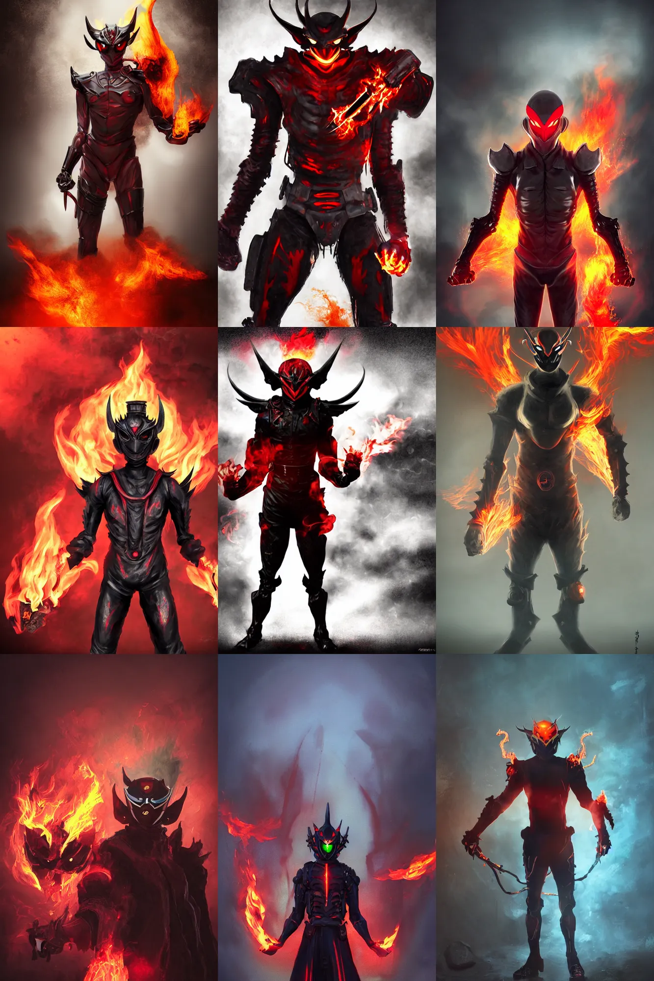 Prompt: character portrait of a demonic monster kamen rider with fire eyes and a glowing mouth doing a henshin pose standing in a misty street, holding fire swords, matte painting, dramatic lighting, 8 k, rubber suit, digital painting, concept art, muted colors, red colors, moody colors, broken pipes, in the style of frank frazetta