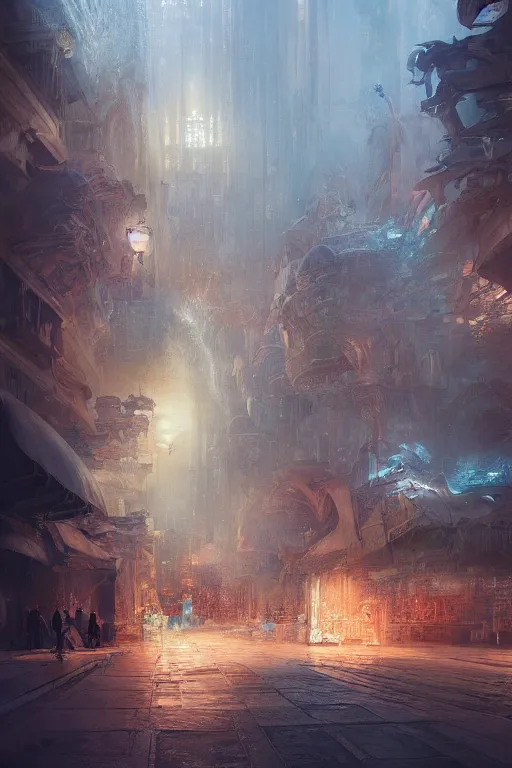 Image similar to inside the street of the city of atlantis, powerfull, intricate, elegant, volumetric lighting, digital painting, highly detailed, artstation, sharp focus, illustration, concept art, ruan jia, steve mccurry