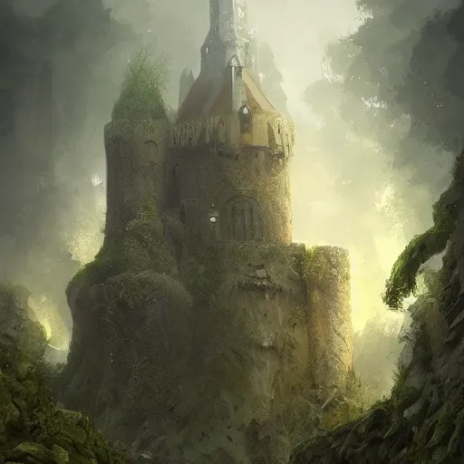 Image similar to portrait of a medieval castle in the rainforrest by Cedric Peyravernay, highly detailed, excellent composition, cinematic concept art, dramatic lighting